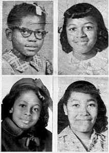 The four girls killed during the 16th Street Baptist Church bombing. Clockwise from top left: Addie Mae Collins (aged 14), Cynthia Wesley (aged 14), Carole Robertson (aged 14) and Denise McNair (aged 11)